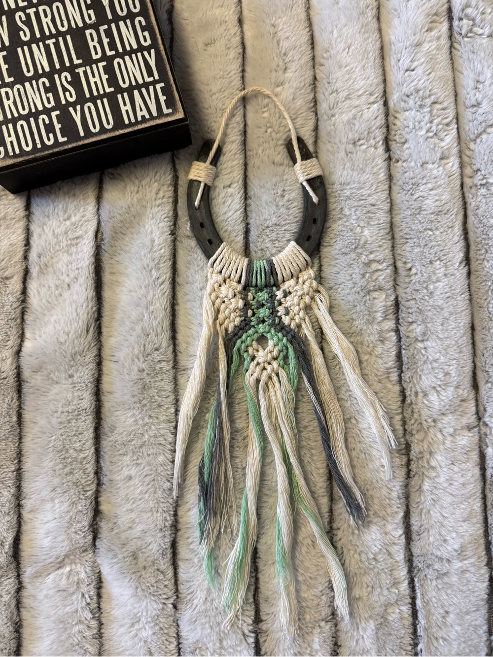 Handmade Macrame Horseshoe Wall Hanging in Cream and Green